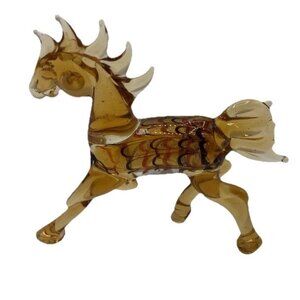 Vtg Hand Blown Art Glass Horse Figurine Ornament Amber 3.75" Swirl Gold Flecks